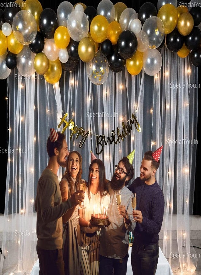 SpecialYou.in مجموعة زينة عيد ميلاد مميزة للأولاد من SpecialYou، تتضمن بالونات ذهبية وسوداء وبيضاء، وستائر بيضاء وإضاءة (بطول 40 قدمًا)، ومستلزمات زينة عيد ميلاد للزوج، ومجموعة زينة بالونات مكونة من 71 قطعة. - Image 4